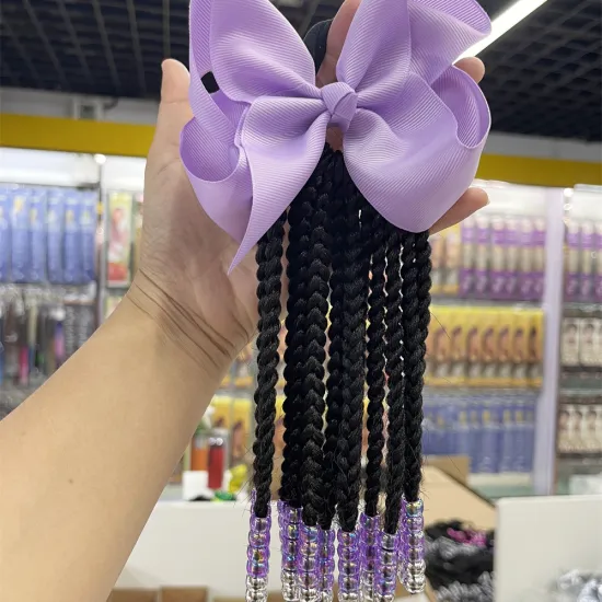 Customizable 6", "8", "10-inch Little Girls' Braided Ponytails with Beads - Human Hair Simulation and Bow Accessory Included
