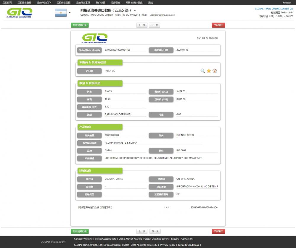 알루미늄 스크랩 아르헨티나 수입 데이터 샘플