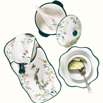 China Manufacture Top Grade Ceramic Bowls Dish Rustic Green and White Porcelain Set Dinnerware