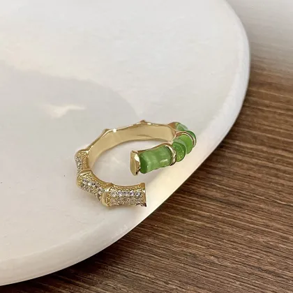 New Chinese Style Green Bamboo Zircon Open Rings