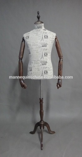 dress form mannequin with wooden arms, wooden base, wooden cap