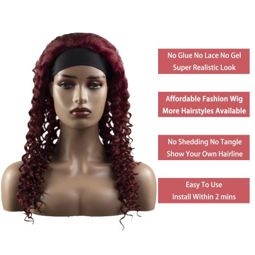 99J Peluca de diadema de ola rizada roja cabello humano