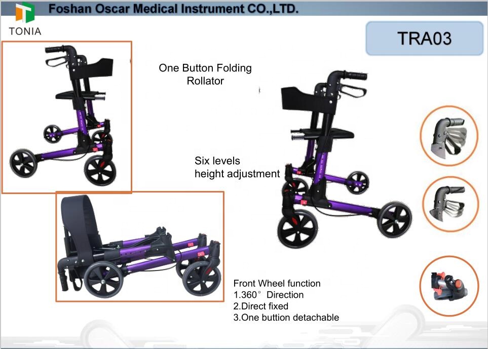 Folding Mobility Rolling Walker med hjul ryggstöd och förvaringspåse tra03