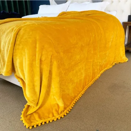 Amazon Popular Pompom Blanket Soft Warm Flannel Coral Fleece Gift Throw Blanket with Pompom Fringe