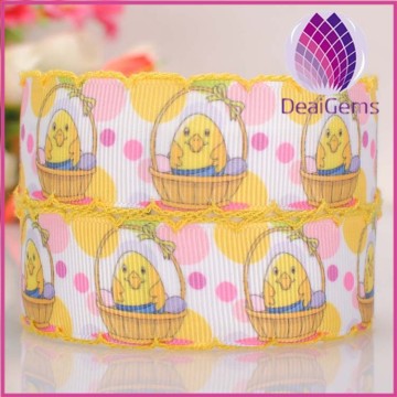 yellow color 22mm width cartoon pattern satin ribbon with lacework