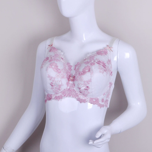 2015 Sweet Full Cup Sexy Mature Ladies Pink Transparent Lace Bra