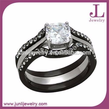 2015 Hot Sale 3 Pieces Black Cubic Zirconia Fashion Wedding Ring Stainless Steel Jewelry