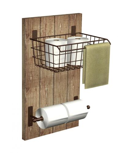 Organizador de pared de baño de metal y madera y titular de papel tisú