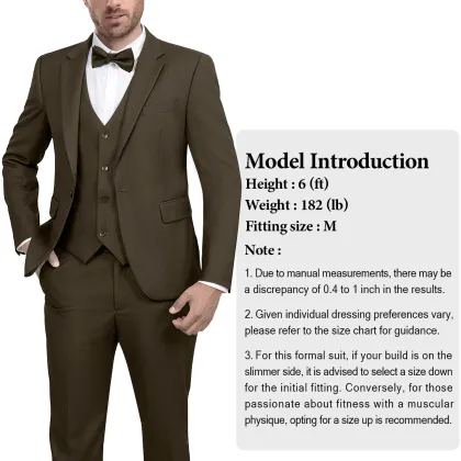 WYWK Men's 3-Piece Suit Banquet Prom Wedding Set-Brown-S