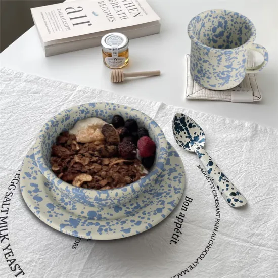 Custom Logo Enamel Bowl Set with Splashed Finishing and Dessert Spoon