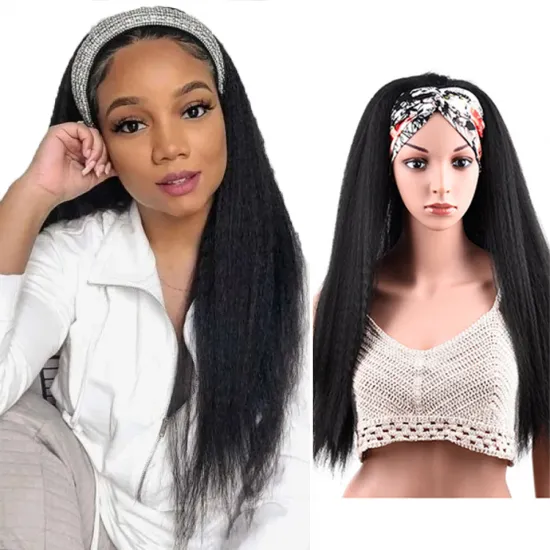 Hot Selling 24 Inch Long Chic Kinky Straight Hair Headband Wig With Pre-attached Scarf Synthetic Yaki Straight Headband Wigs