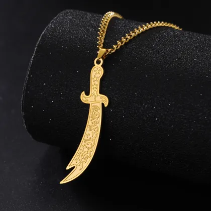 Islamic Muslim Jewelry: Imam Ali Zulfiqar Sword Necklace with Arabic Calligraphy