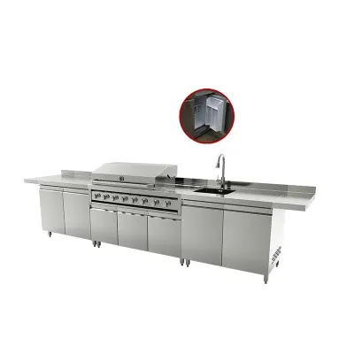 Multifunctional Outdoor Kitchen Islands Built in Fridge Stainless Steel BBQ Cabinet Set