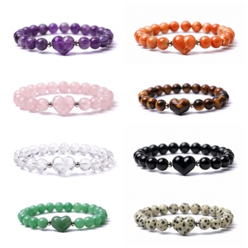 Gemstone 8mm Round Beads with 16mm Heart Pendant Bracelet Crystal Stone Heart Stretch Bracelets Natural Stone Beads Bangle