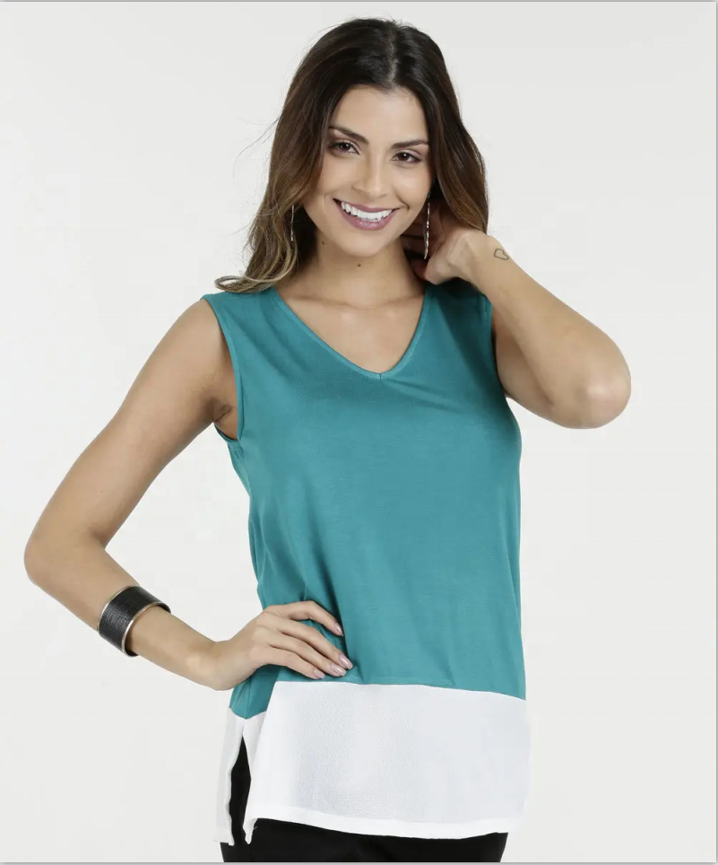 Blusa sem mangas com decote em V, tops soltos