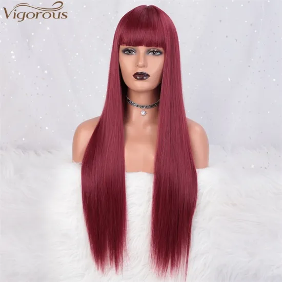 Vigorous Long Silky Straight Red Lace Front Synthetic Wigs With Bangs For Women 28 Inches Glueless High Temperature Hair Wig
