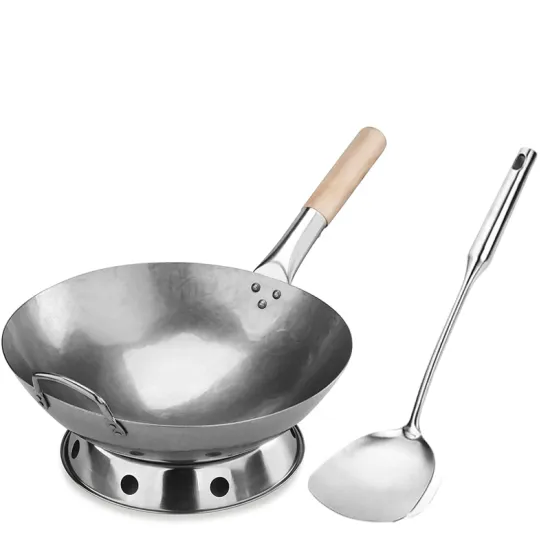 12.5" Carbon Steel Wok Pan Kit with Stainless Steel Utensils, Wooden Handle & Lid