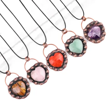 Yellow Tiger Eye Retro Red Copper Love Heart Retro Red Copper Pendant for Making Jewelry