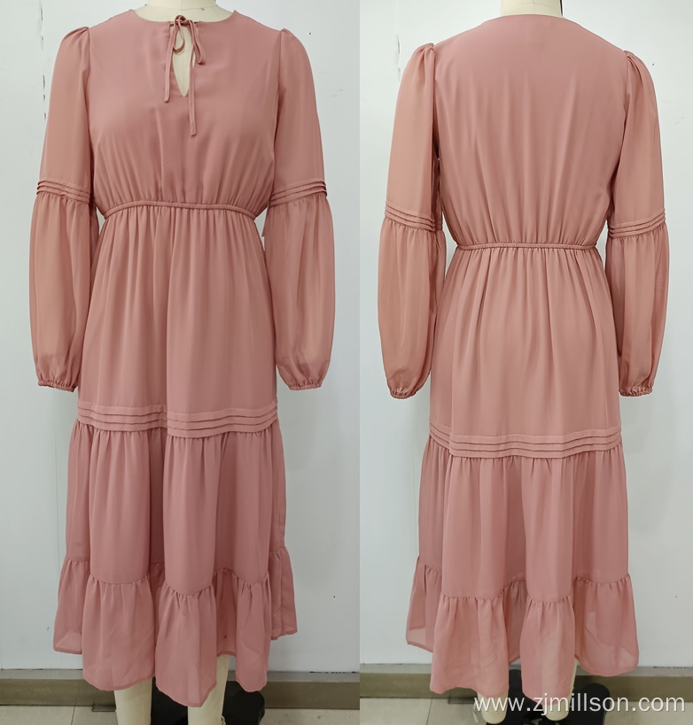 Round Neck Tie Long Sleeved Tiered Dress