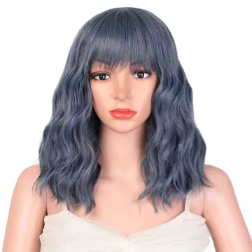 Top Quality Short Bob Blue Wig Wholesale Cheap With Neat Bangs Synthetic Short Curly Wave Wigs For Women
