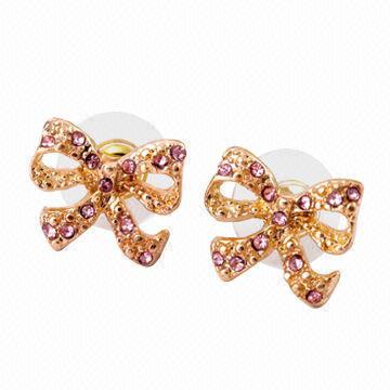 Cute Bow Earrings, Studded with Diamonds, Made of Alloy, OEM Orders are Welcome