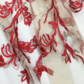 Rote Blume und Vogel Lace Stickerei Stoff