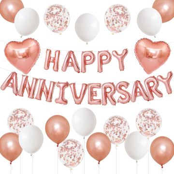 Rose gold happy anniversary balloon banner