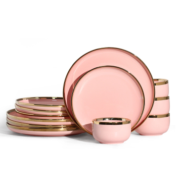 Elegant Fine Porcelain Dinnerware Set for 4 - White, Black, and Pink Plates and Bowls