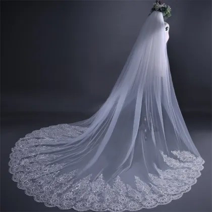 EU Trailing Wedding Veil with Sequins Lace and Diamond Bridal Veil