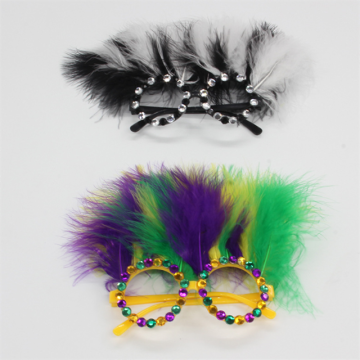 Dress Up Mardi Gras Diamond Glasses with Faux Feather for Carnival Party