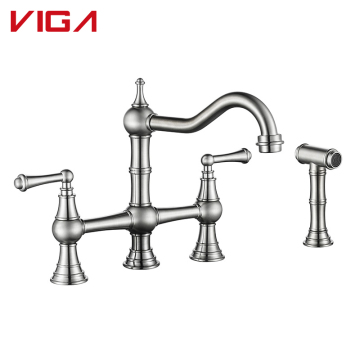 Antique Brass Vintage Kitchen Faucet with Hexagon Nut Hose and Portable Side Sprayer