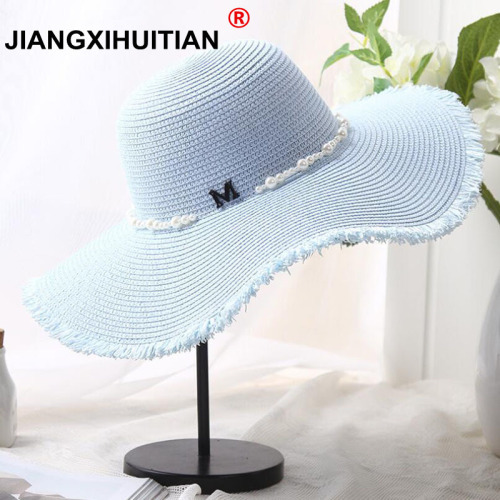 summer new M letter Flower Beads Seaeside sun hats for women summer large brimmed straw hat folding beach girls sun hats