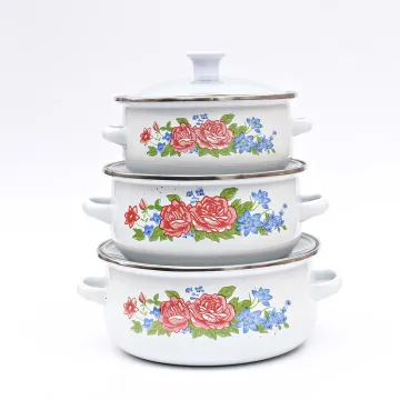 3PC White Decals Glass Cover Enamel Casserole