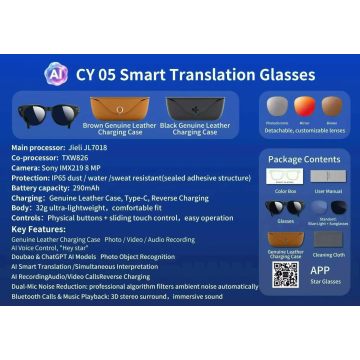 Gafas de traducción inteligentes CY 05: intérprete en tiempo real impulsado por IA con cámara de 8 MP, audio Bluetooth y cargador de cuero de primera calidad