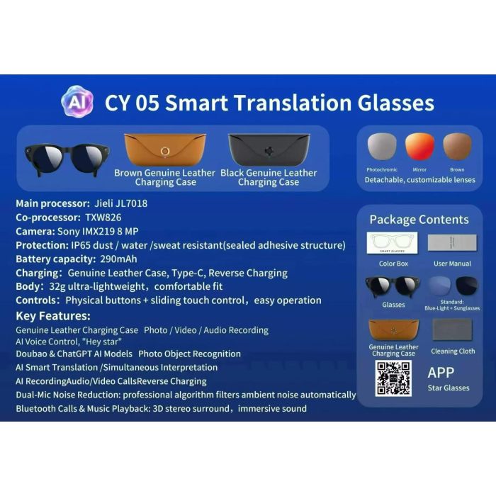 Gafas de traducción inteligentes CY 05: intérprete en tiempo real impulsado por IA con cámara de 8 MP, audio Bluetooth y cargador de cuero de primera calidad