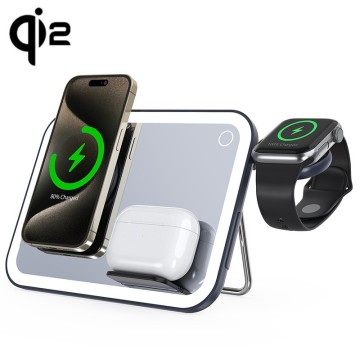 3-in-1 Wireless Charger Station: Foldable LED Makeup Mirror with Night Light, Suitable for 15W Phones and PD 30W Plug
