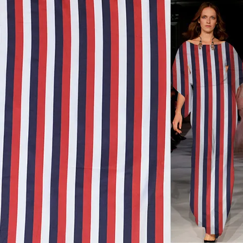 Silk cotton satin fabric geometric striped design white red and navy blue,SCT584