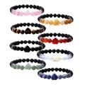 Natural Black Lava Stone Heart with 8MM Round Gemstone Stretch Elastic Bracelet for Men Women Crystal Round Beads Bracelet