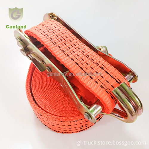 35mm Ratchet Tie Down Strap Set with Swan Neck Double J Hooks for Cargo Lashing