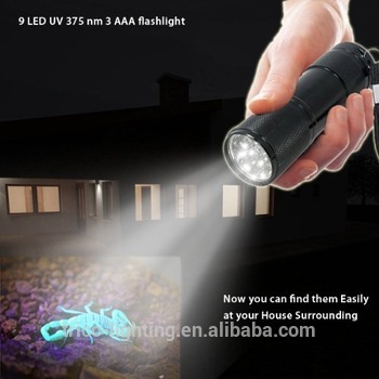 mini 9 UV led ruber flashlight ,360nm 365nm 370nm 380nm UV LED Torch