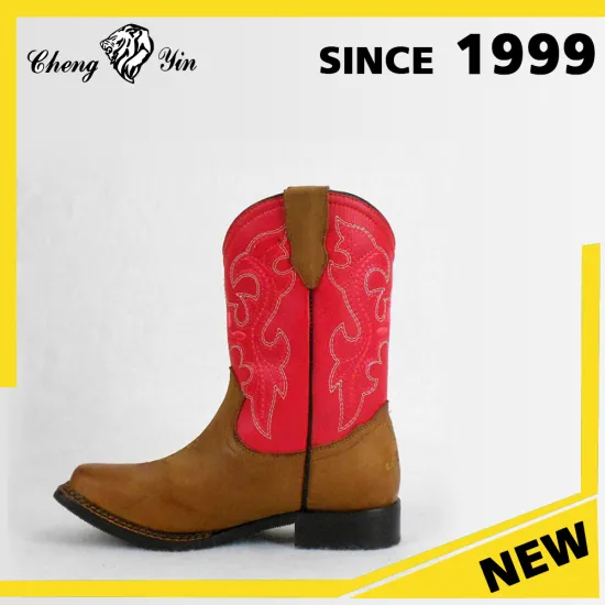 2017 Latest Comfortable Soft Black Rubber Outsole High Quality Red Genuine Leather Wholesale Kids Cowboy Boots for Outdoor