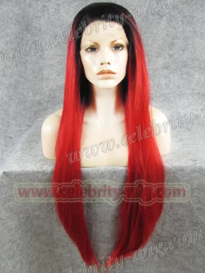 Dark Roots Red Extra Long Straight Synthetic Lace Front Wig