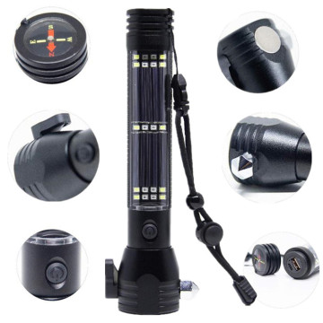 Portable Multi-Function Solar Rechargeable LED Flashlight for Car Emergency and Self-Defense