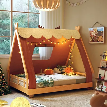 Kids Cartoon Wooden Bed with Canopy Cover