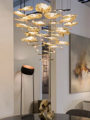 lobby indoor golden glass leaf chandelier