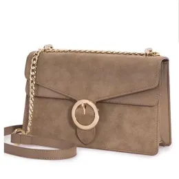 Khaki frosted leather round buckle chain shoulder bag