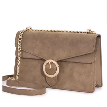 Khaki frosted leather round buckle chain shoulder bag