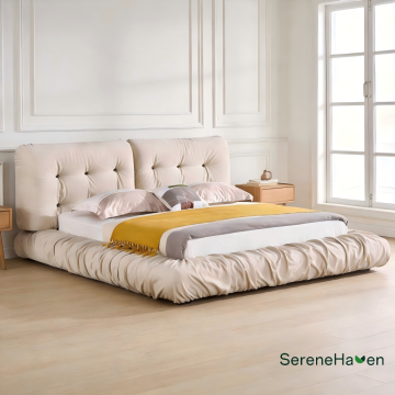 Oversized Cloud Ruched Vintage Rose Fabric Upholstered Bed
