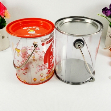 tin pvc packing small round clear bucket with metal handle