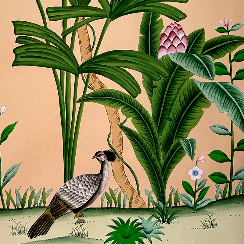 Flower and bird Pink hand-painted wallpaper